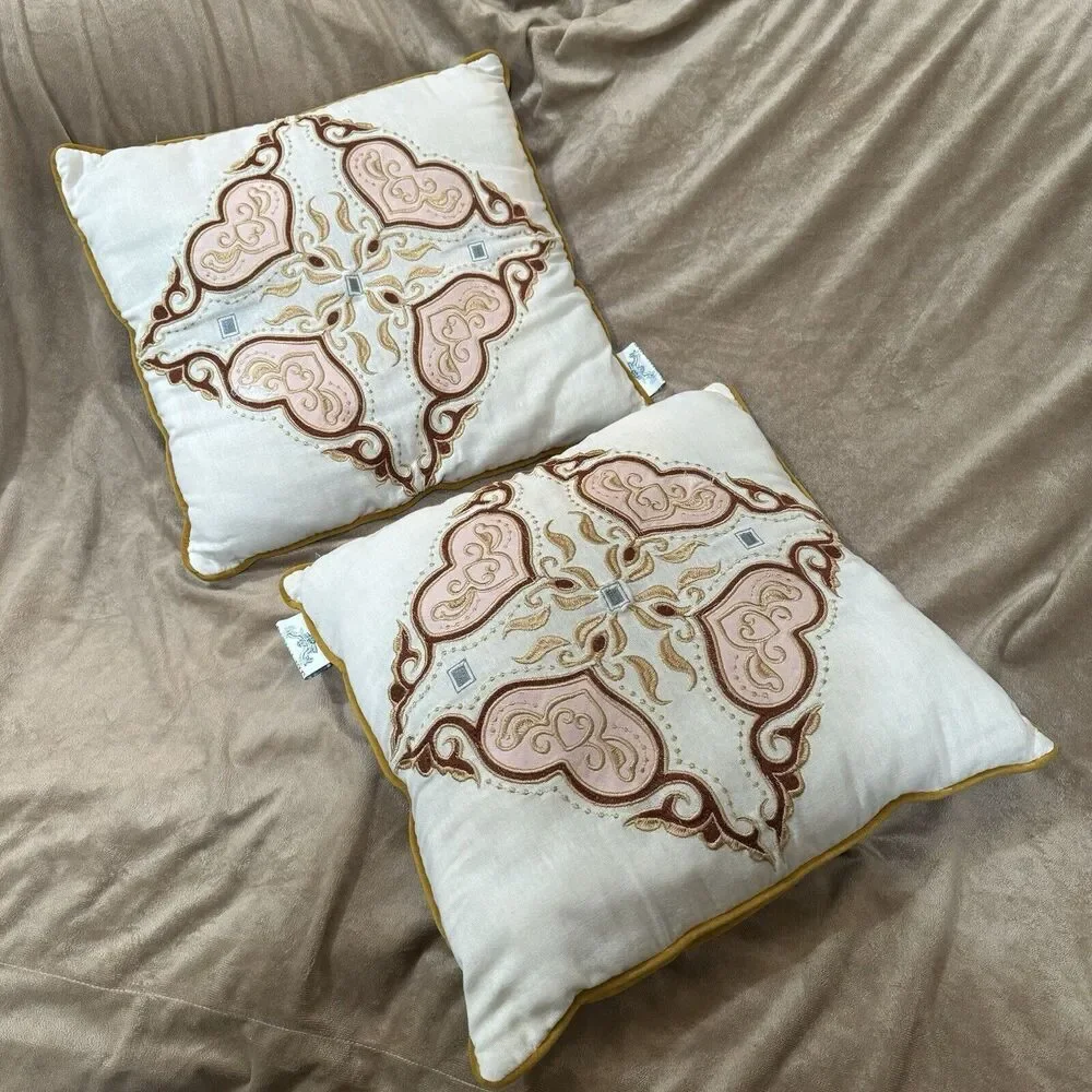 Patina Vie throw pillows yellow velour Pink Heart Embroidery cotton velvet 17